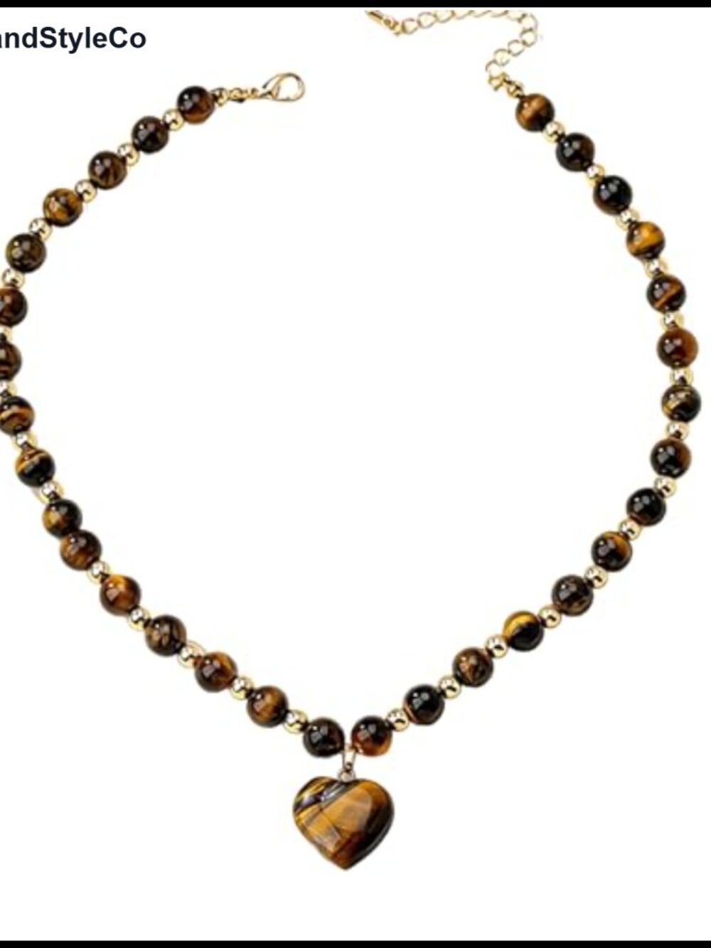 Natural Stone Tiger Eye Heart Pendant Beaded Choker Necklace
